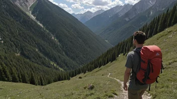 En person som bærer en ryggsekk i fjellet, med et vakkert landskap i bakgrunnen.