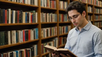 En person leser en bok om politisk filosofi på et bibliotek.