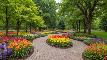 En fredelig blomsterpark med fargerike blomster og frodig grønnskap.