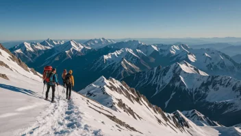 En høyfjellsekspedisjon med vandrere i forgrunnen og et storslått fjellandskap i bakgrunnen.