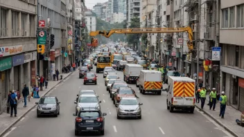 En støyende gate med biler og byggearbeid.