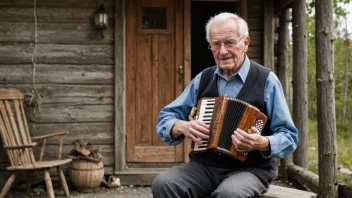 En eldre musiker som spiller et tradisjonelt instrument i en koselig omgivelse.