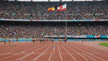 Et stadion med utøvere som konkurrerer i ulike friidrettsøvelser, med flagg fra ulike land som vifter i bakgrunnen.