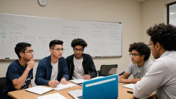 En gruppe studenter fra ulike bakgrunner og aldre samlet rundt et bord, laptops åpne, engasjert i en diskusjon, med en whiteboard i bakgrunnen fylt med notater og ideer.