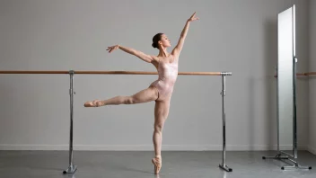 En danser i et studio, med et speil og en barre, iført en leotard og ballettsko.