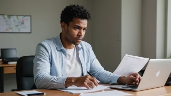 En person med en sterk arbeidssamvittighet, som sitter ved et skrivebord med en laptop og papirer, og ser fokusert og bestemt ut.