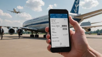 En person som holder en billettbekreftelse på telefonen sin, med et fly eller tog i bakgrunnen.