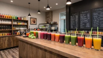 En moderne juicebar med et bredt utvalg av fargerike juicer og smoothies på display