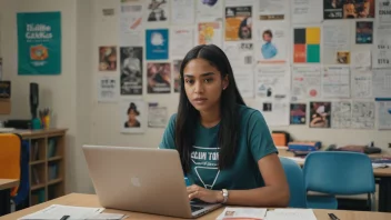 En student i en markedsføringsklasse, omgitt av reklamer og markedsføringsmateriell.