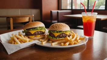 En ungdomsmeny på et bord i en restaurant, med en hamburger, pomfritter og en brus.