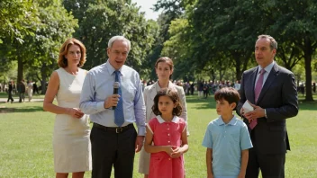 En familie med barn, en mor og en far, i en park, med en politiker i bakgrunnen, holder en tale.