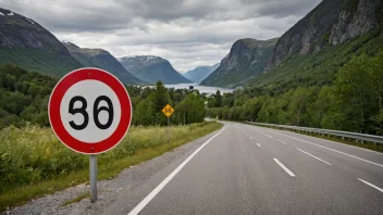 En fartsgrense-skilt på en norsk vei med et naturskjønt landskap i bakgrunnen.