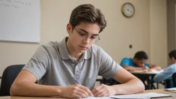 En student som tar en mikroeksamen, med et ur i bakgrunnen for å understreke tidspresset.