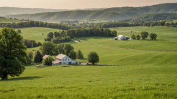 Et malerisk landskap av en gård med en gårdshus og rullende åser.