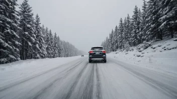 En bil med vinterdekk som kjører på en snødekt vei i Norge, med fokus på dekkene.