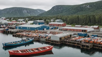 En sjømatprodusents fabrikk med fiskebåter og sjømatkasser