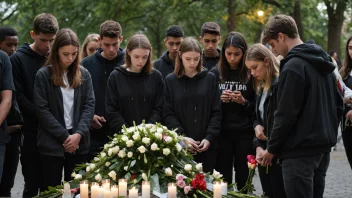 En gruppe unge mennesker samlet rundt et minnesmerke, med blomster og lys, ser triste og alvorlige ut.