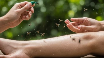 En person som påfører insektrepellent på huden sin, med en bakgrunn av mygg som flyr rundt.