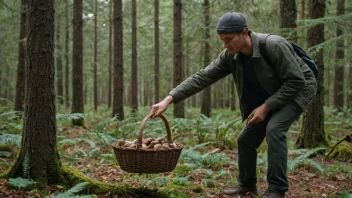 En person plukker sopper i en skog, med en kurv i hånden, omgitt av trær og løvverk.