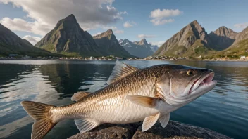 En Lofotkod, en type fiskekod, med en naturskjønn bakgrunn av Lofoten i Norge.