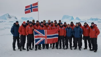 En gruppe oppdagere i Antarktika, med et norsk flagg i bakgrunnen