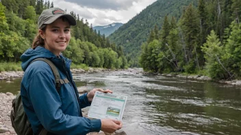 En person som holder en fiskestang og et fiskepass, med en elv og fjell i bakgrunnen.