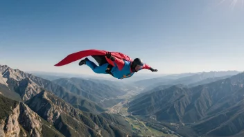 En person i en wingsuit flyr gjennom luften med et fjellandskap i bakgrunnen.