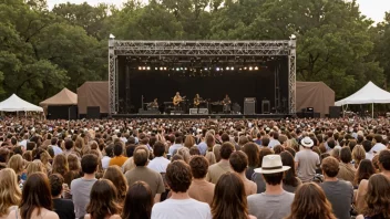 En stor utendørs konsert med en scene og en folkemengde.