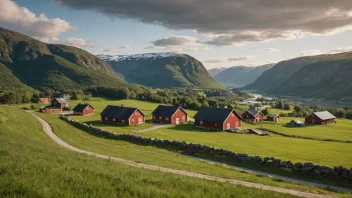 Et tradisjonelt norsk gårdsanlegg med et oksefang i forgrunnen, omgitt av rullende åser og marker.