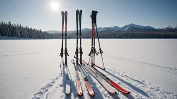 Et par løpeski med bindinger og staver, på et snødekt vinterlandskap.