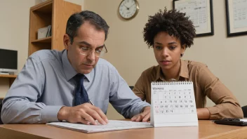 En person som sitter ved et skrivebord med en kalender eller et ur i bakgrunnen.