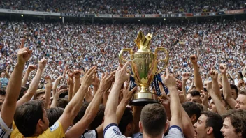 Et fotballstadion med en pokal i sentrum, omgitt av jublende tilskuere og fotballspillere