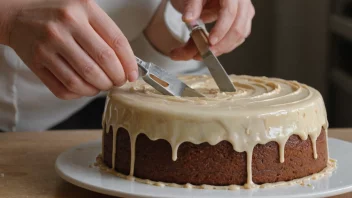 En person påfører forsiktig et lag glassur på en kake ved hjelp av en spatel.