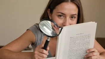 En person som leser en bok med et forstørrelsesglass, med et diskret smil på ansiktet.