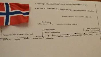 En tidsorden med historiske hendelser markert på den, med et norsk flagg i bakgrunnen