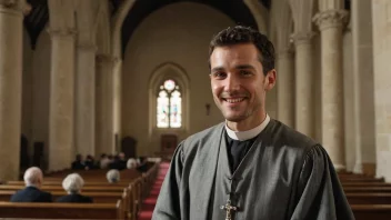 En lekmannsapostel i en kirke, med et vennlig ansikt og et mildt smil.