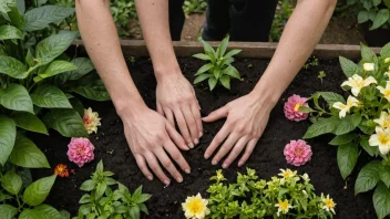 En person som arbeider i en hage med hendene, omgitt av frodig grønne og blomster.