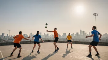 En gruppe mennesker som spiller håndball sammen, med et bybilde eller landskap i bakgrunnen.