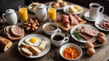 En tradisjonell norsk frokostbord med ulike matvarer.