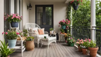 En balkong med en vakker dekorasjon, inkludert blomster, planter og utemøbler.