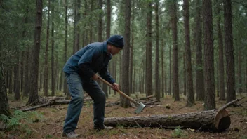 En person i en skog, som hogger ned et tre med en øks.