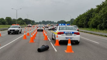 En veiblokkade på en motorvei med politibiler og trafikk-kjegler