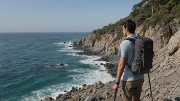 En person på strandvandring, som nyter den vakre utsikten over havet og landskapet rundt.