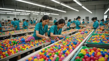 En fabrikk som produserer leketøy, med arbeidere som monterer og pakker leketøy.