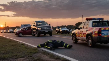 En bilulykke ved dusk, med politi og ambulanse som responderer.