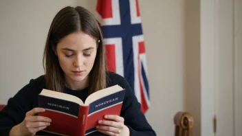 En person leser en bok med et norsk flagg i bakgrunnen, som representerer konseptet forslagsverk i norsk språk.