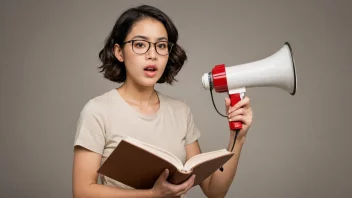 En person som holder en bok med en megafon i bakgrunnen, symboliserer propaganda