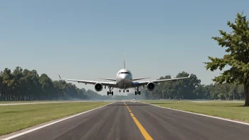 Et fly som lander på en rullebane, med en klar himmel og noen trær i bakgrunnen.