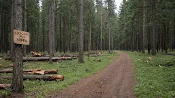 Et avvirkingsområde i en skog med felt trær og en varslingsskilt