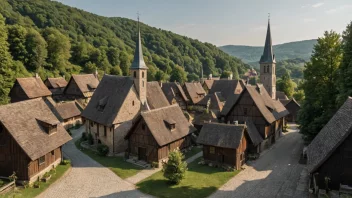 En middelalderbygd med trehus og en kirke i sentrum